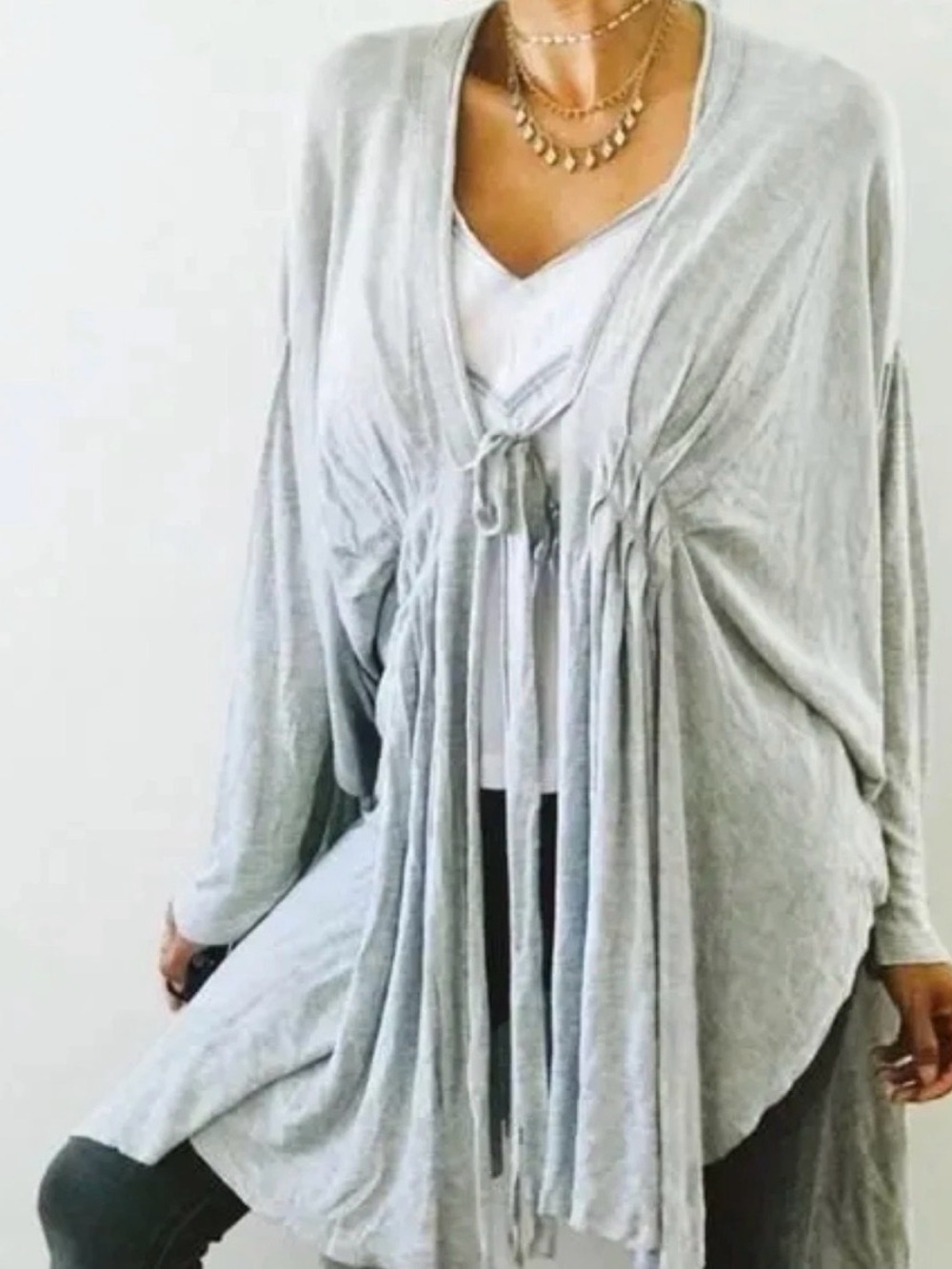 Free People Light Gray Draped Tie-Front Cardigan Boho, Festival, Long-core